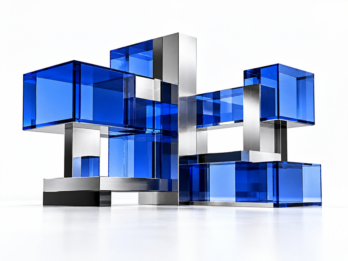 Abstract structure of interlocking blue glass and silver forms