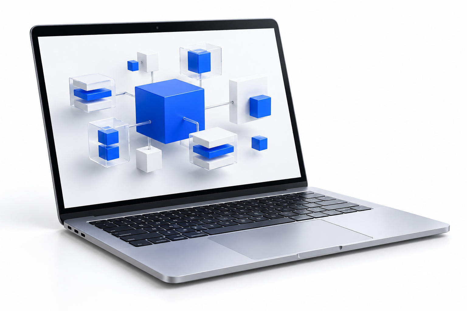 Concept illustration of a software workspace on a silver laptop